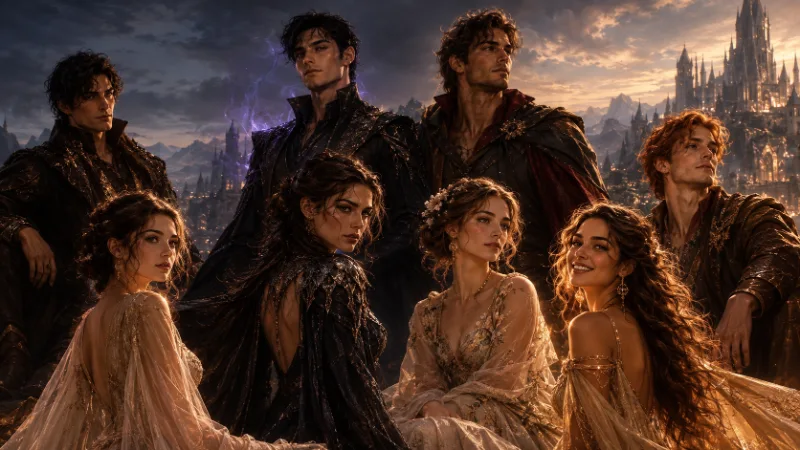 Fantasy ensemble illustration inspired by Feyre, Rhysand, Nesta and other main ACOTAR characters